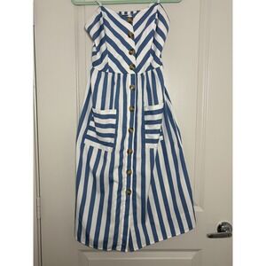 Style House Midi Dress Womens Blue White Striped Adjustable Straps Button Front